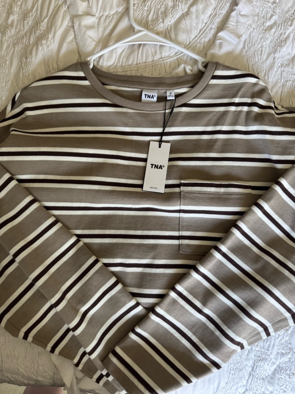 TNA Taupe, White & Dark Brown Striped Long Sleeve Tee